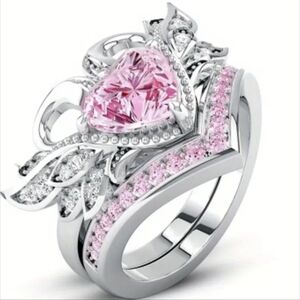 💍 Pink Heart Cut CZ Engagement Ring Set – Size 9 – Silver Tone, T2B4J